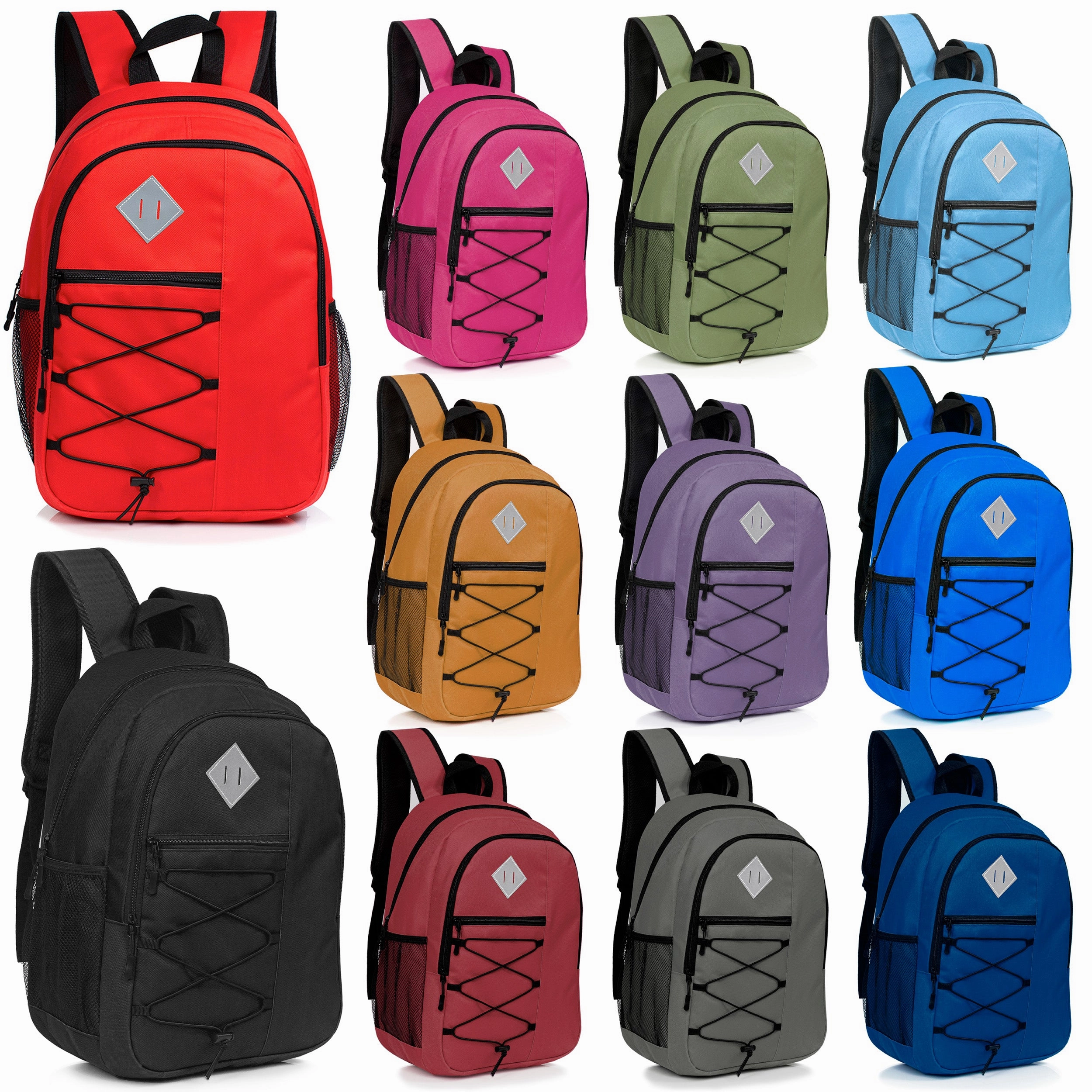 18" Deluxe Bungee Wholesale Backpack with Laptop Pocket & Padded Back - Bulk Case of 24