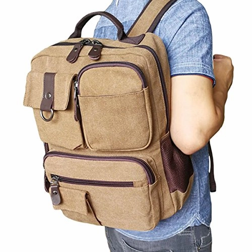 ABage Men's 15.6" Laptop Backpack College Book Bag Travel Daypack Canvas Rucksack, Khaki