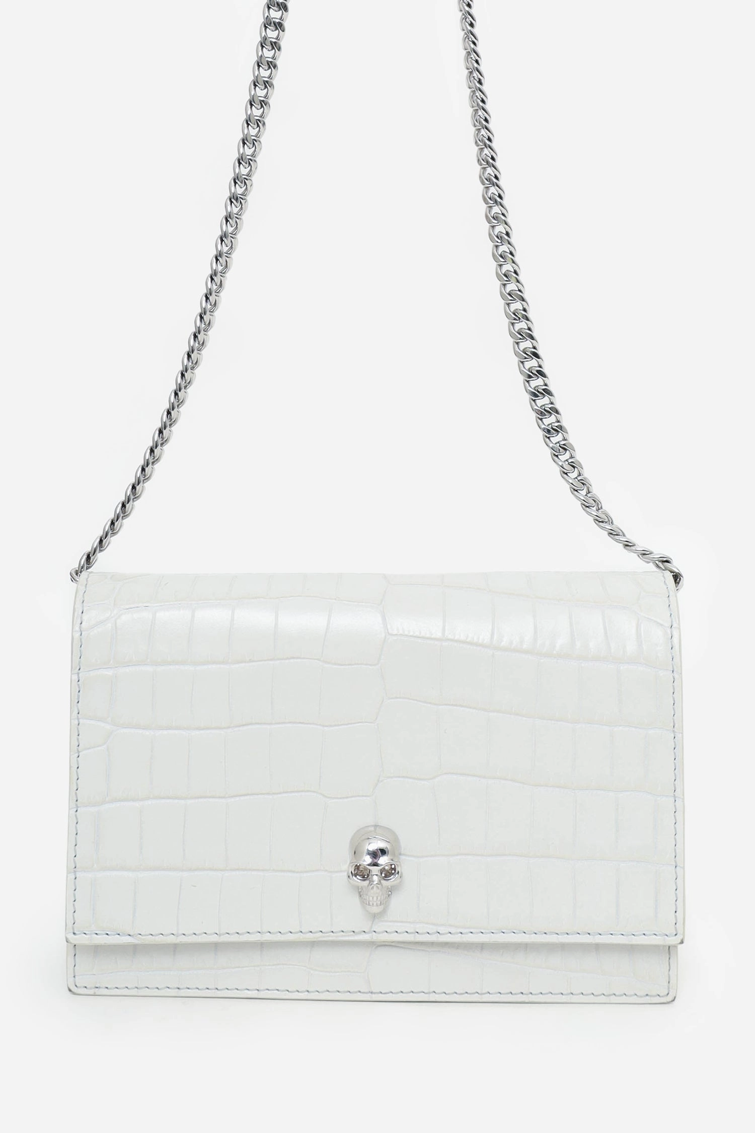 Alexander McQueen White Croc Embossed Leather Small Skull Crossbody Bag