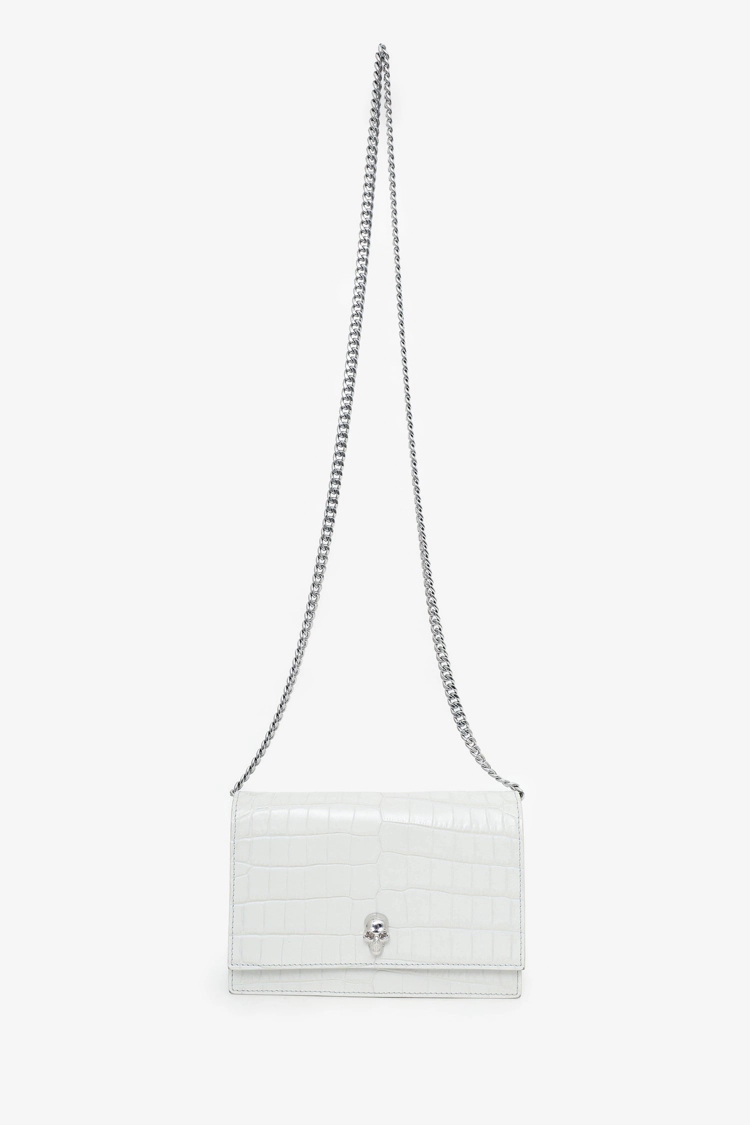 Alexander McQueen White Croc Embossed Leather Small Skull Crossbody Bag