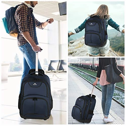 Backpack with Wheels, Travel-friendly Rolling Laptop Backpack for Men Women, MATEIN Freewheel Carry on Luggage Business bag, Compact College School Student Computer Bag fit 15.6 Inch Notebook,Blue