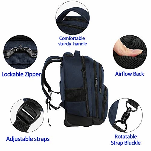 Backpack with Wheels, Travel-friendly Rolling Laptop Backpack for Men Women, MATEIN Freewheel Carry on Luggage Business bag, Compact College School Student Computer Bag fit 15.6 Inch Notebook,Blue
