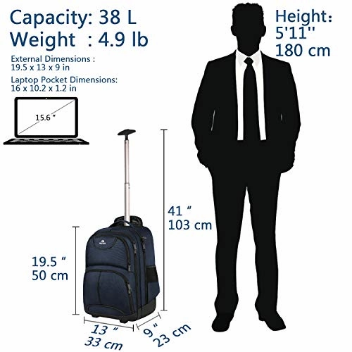 Backpack with Wheels, Travel-friendly Rolling Laptop Backpack for Men Women, MATEIN Freewheel Carry on Luggage Business bag, Compact College School Student Computer Bag fit 15.6 Inch Notebook,Blue