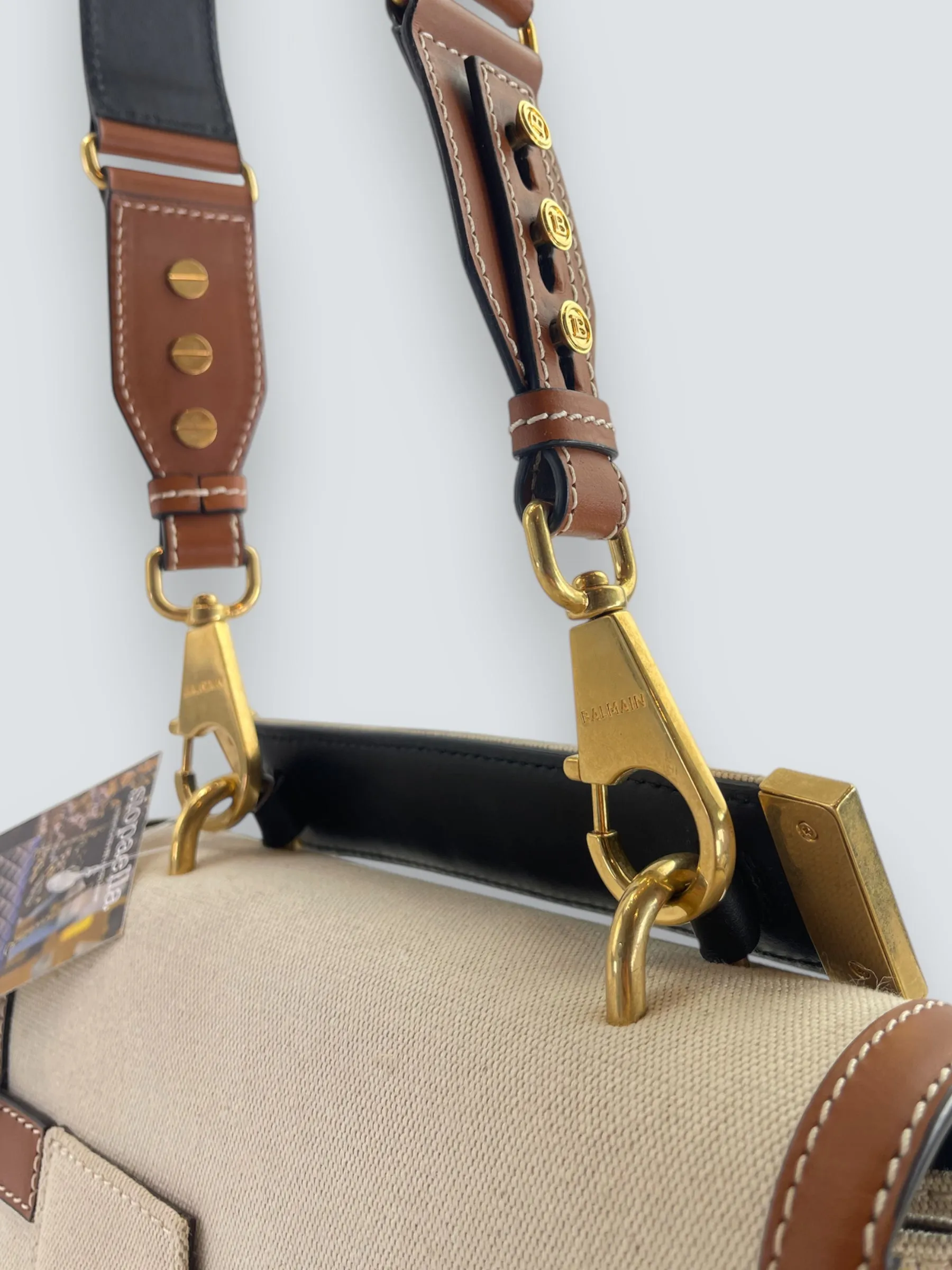 Balmain Cream Canvas & Tan Leather B-Buzz 23 Shoulder Bag