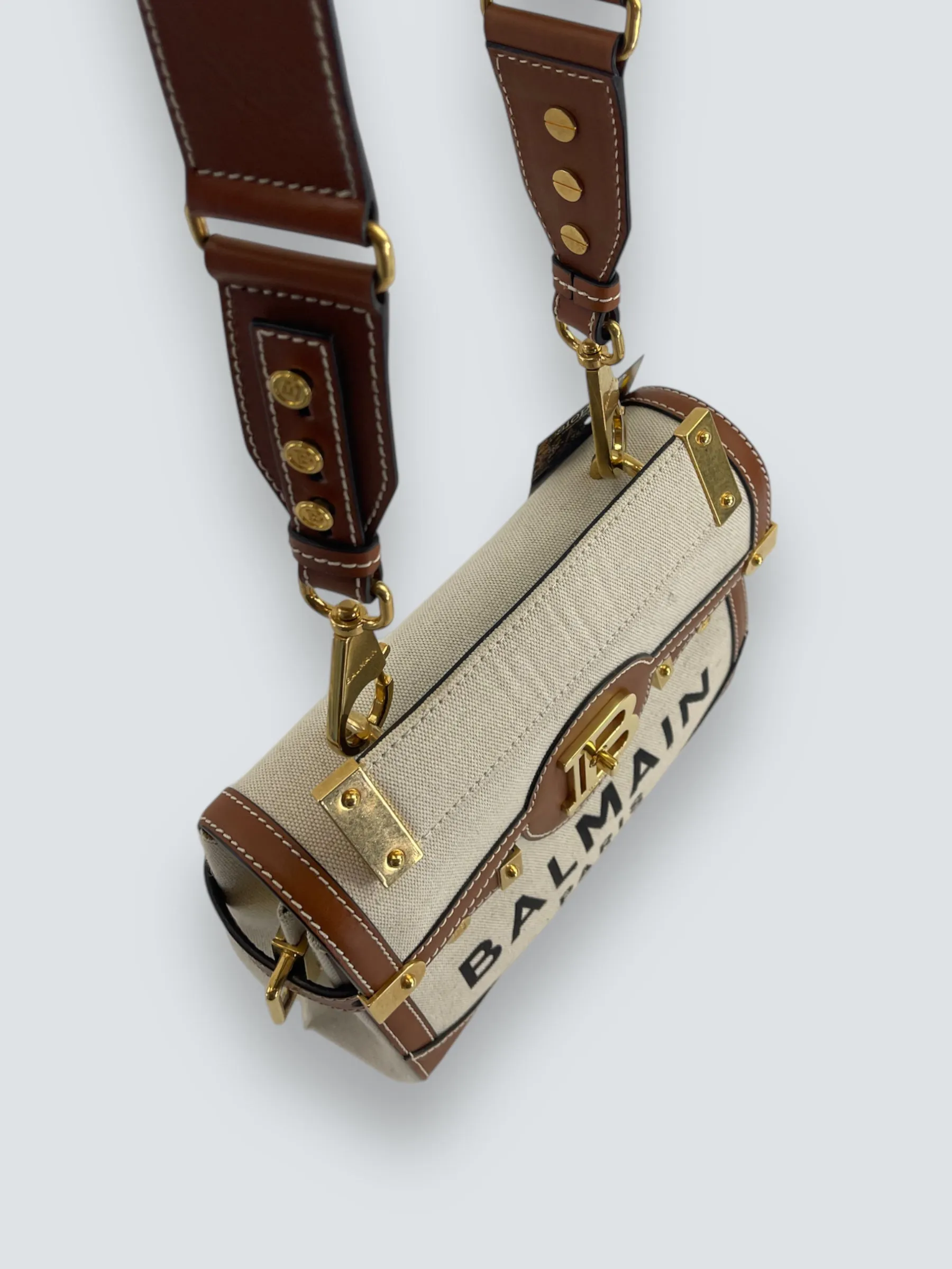 Balmain Cream Canvas & Tan Leather B-Buzz 23 Shoulder Bag