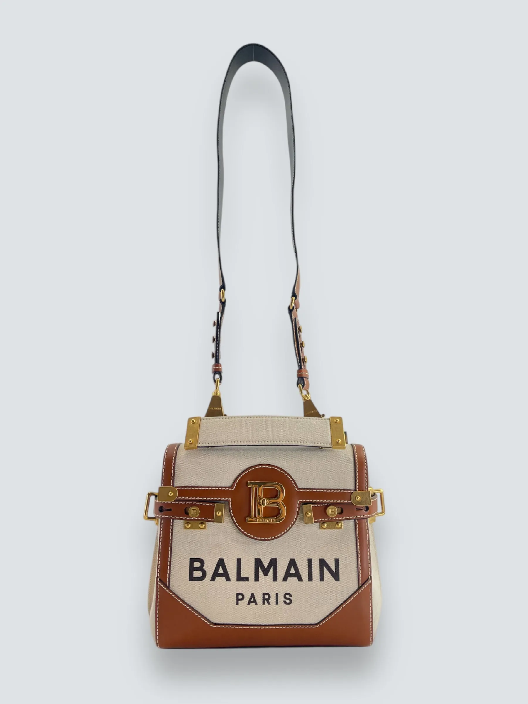 Balmain Cream Canvas & Tan Leather B-Buzz 23 Shoulder Bag