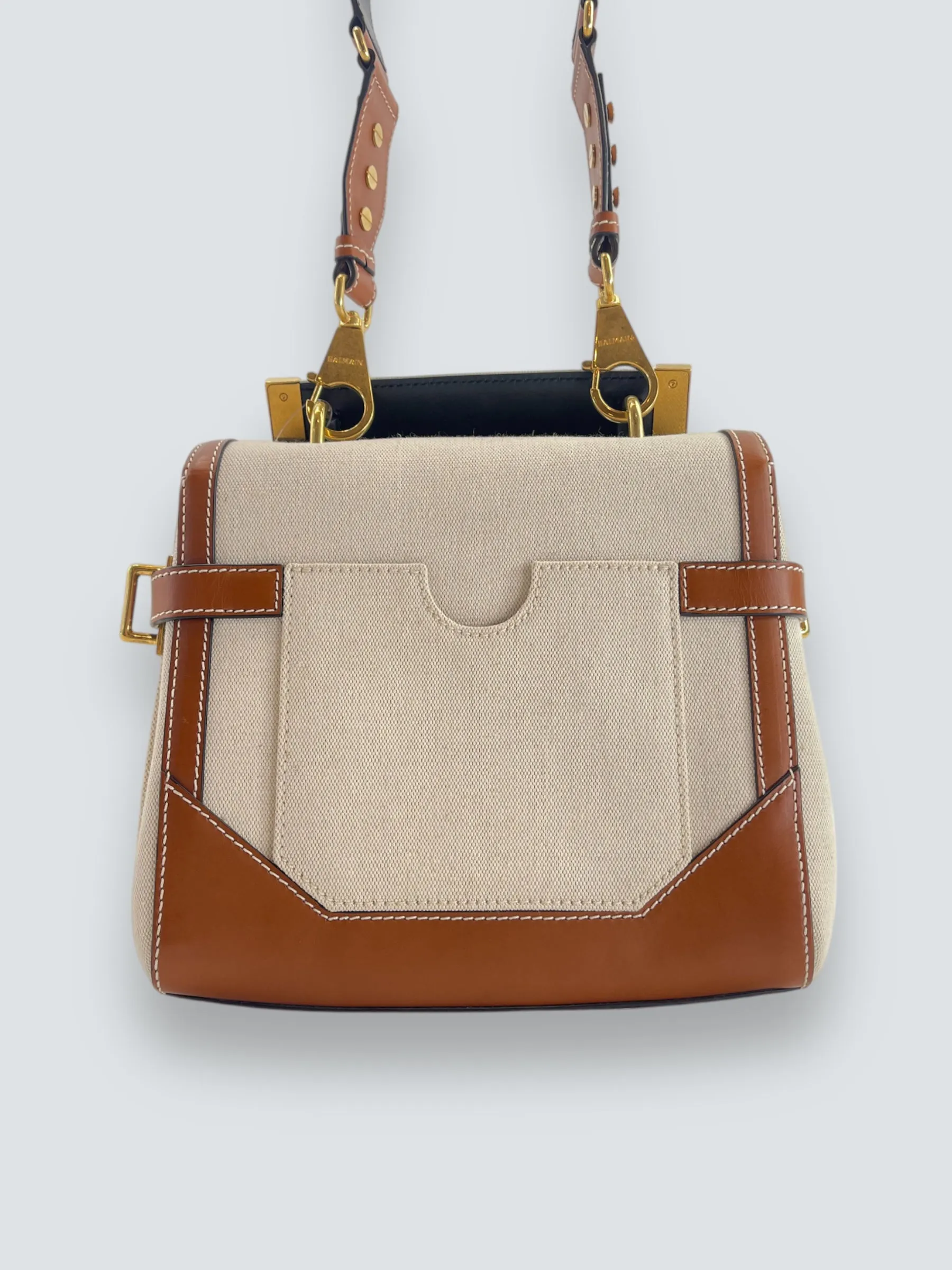 Balmain Cream Canvas & Tan Leather B-Buzz 23 Shoulder Bag