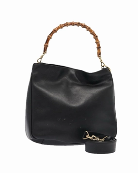 Bamboo Handle Shoulder Bag Black Leather