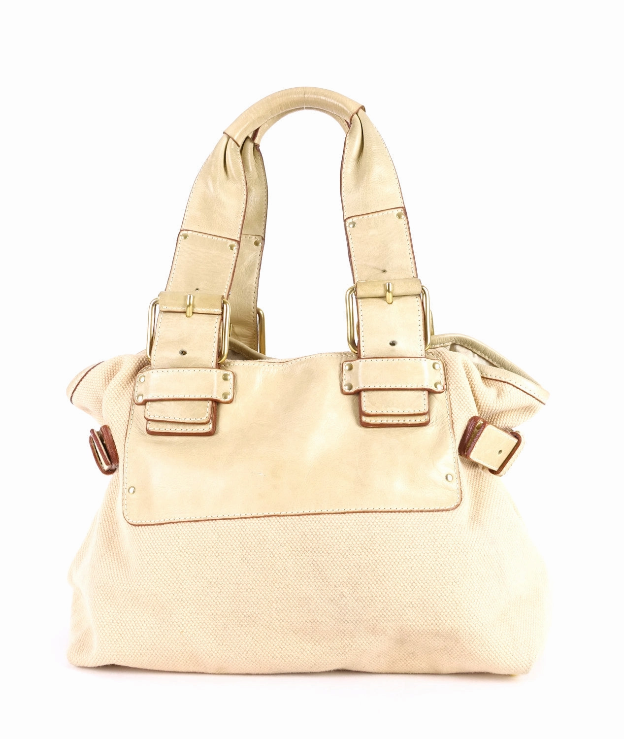 Beige Canvas and Leather Tote Bag