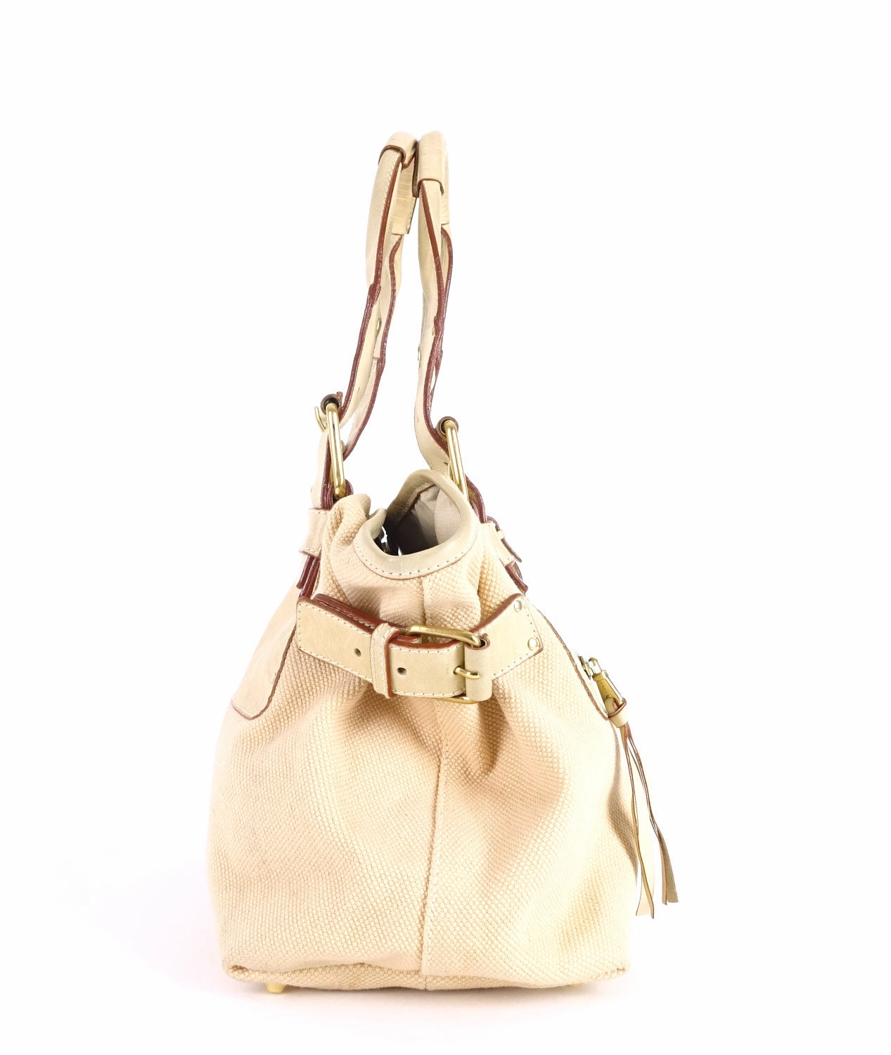 Beige Canvas and Leather Tote Bag