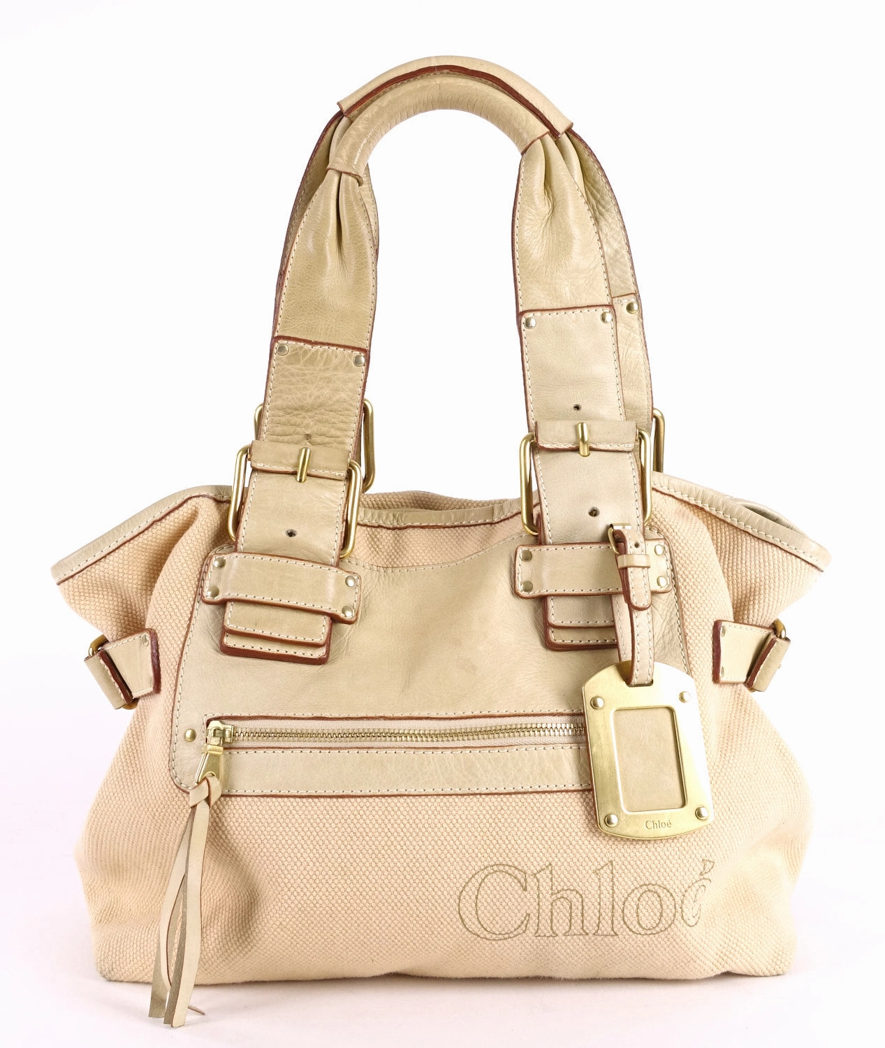 Beige Canvas and Leather Tote Bag