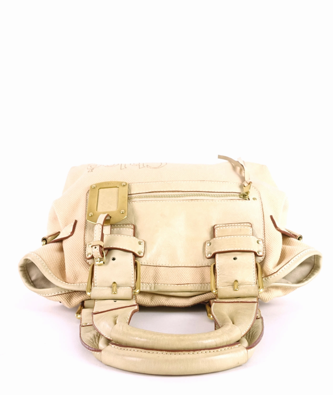 Beige Canvas and Leather Tote Bag