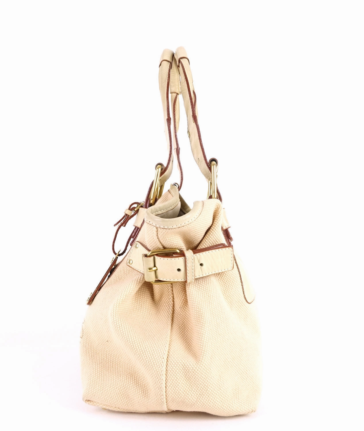 Beige Canvas and Leather Tote Bag