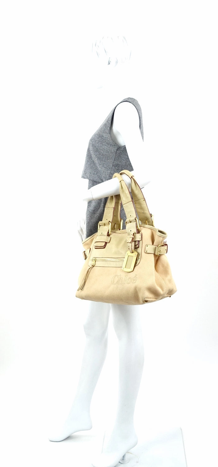 Beige Canvas and Leather Tote Bag