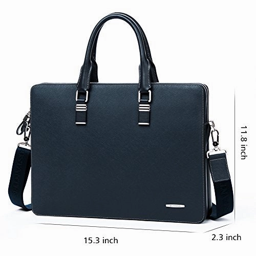 Bostanten Leather Briefcase Shoulder Cross-Body Laptop Business Bag For Men & Women Blue Cross