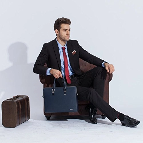 Bostanten Leather Briefcase Shoulder Cross-Body Laptop Business Bag For Men & Women Blue Cross