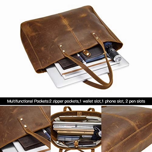 BRASS TACKS Leathercraft Full Crazy Horse Leather Handbag for Men and Women Business Shoulder Bag Vintage Brown Laptop Bag