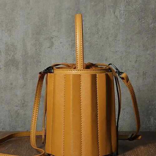 Brown Womens Leather Bucket Handbag Womens Barrel Purse Small Bucket Shoulder Purse