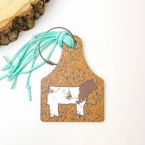 Brown and Turquoise Luggage Tag With Cow Picture