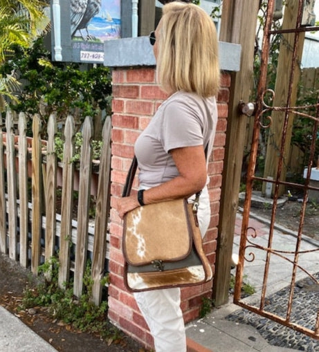 Brown Cowhide Satchel Messenger Crossbody Bag with Swing Latch