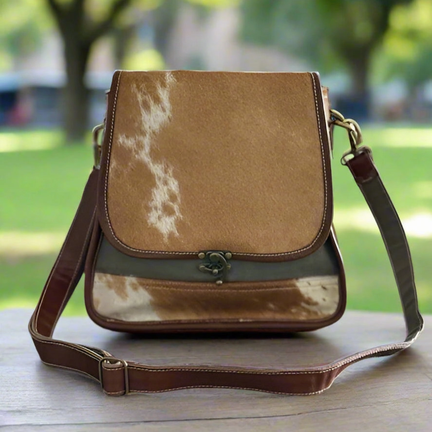 Brown Cowhide Satchel Messenger Crossbody Bag with Swing Latch