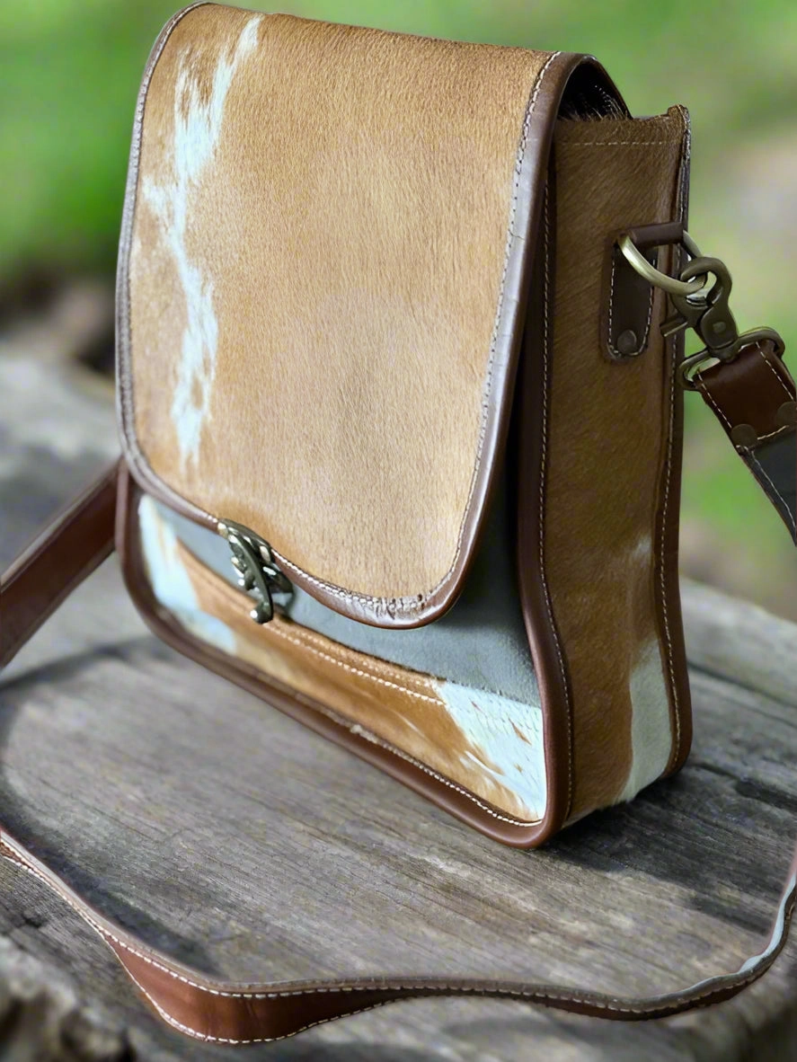 Brown Cowhide Satchel Messenger Crossbody Bag with Swing Latch