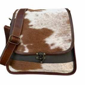 Brown Cowhide Satchel Messenger Crossbody Bag with Swing Latch