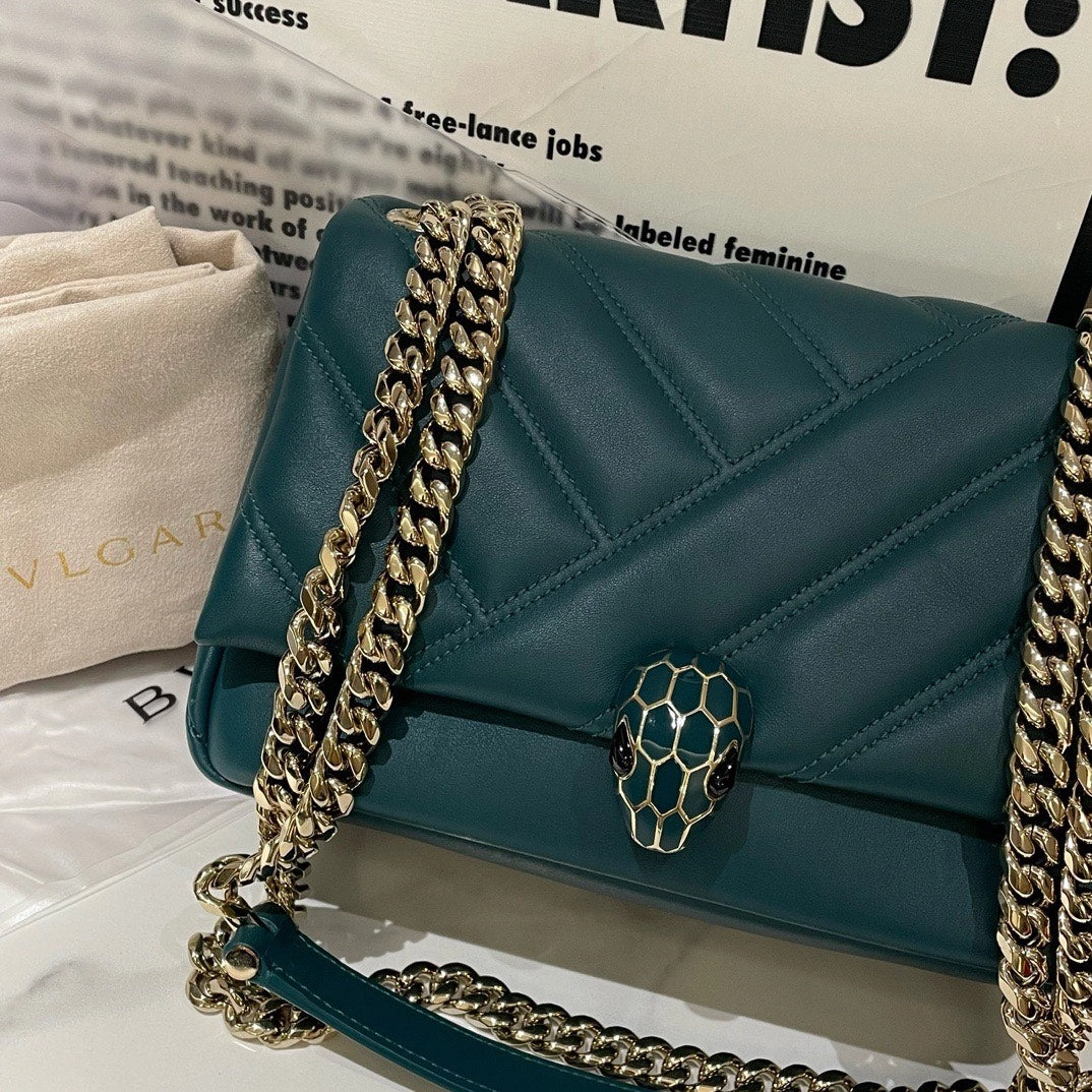 Bvlgari Serpenti Cabochon Teal Leather Shoulder Bag Medium