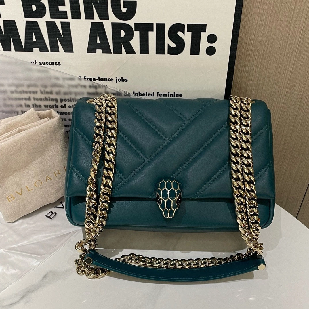 Bvlgari Serpenti Cabochon Teal Leather Shoulder Bag Medium
