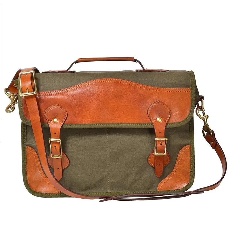Canvas Leather Mens 14???? Army Green Briefcase Side Bag Retro Messenger Bag Shoulder Bag For Men