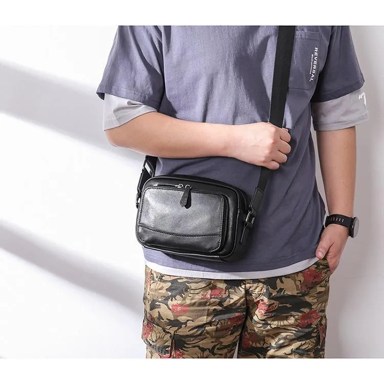 Casual Black Leather MENS Small Side Bags Black Messenger Bag Leather Courier Bag For Men