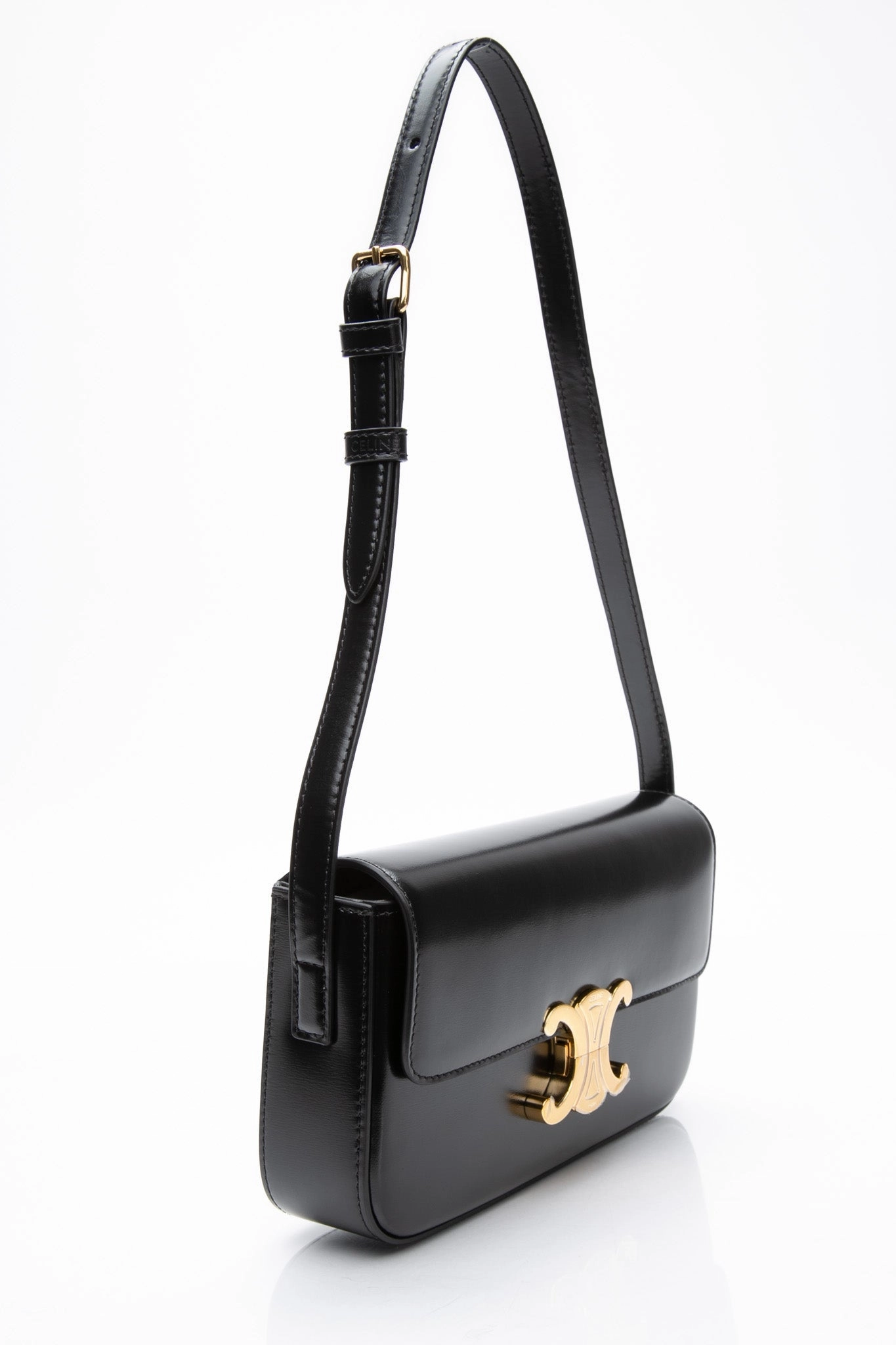 CELINE Black Shiny Calfskin Claude Triomphe Shoulder Bag (New)