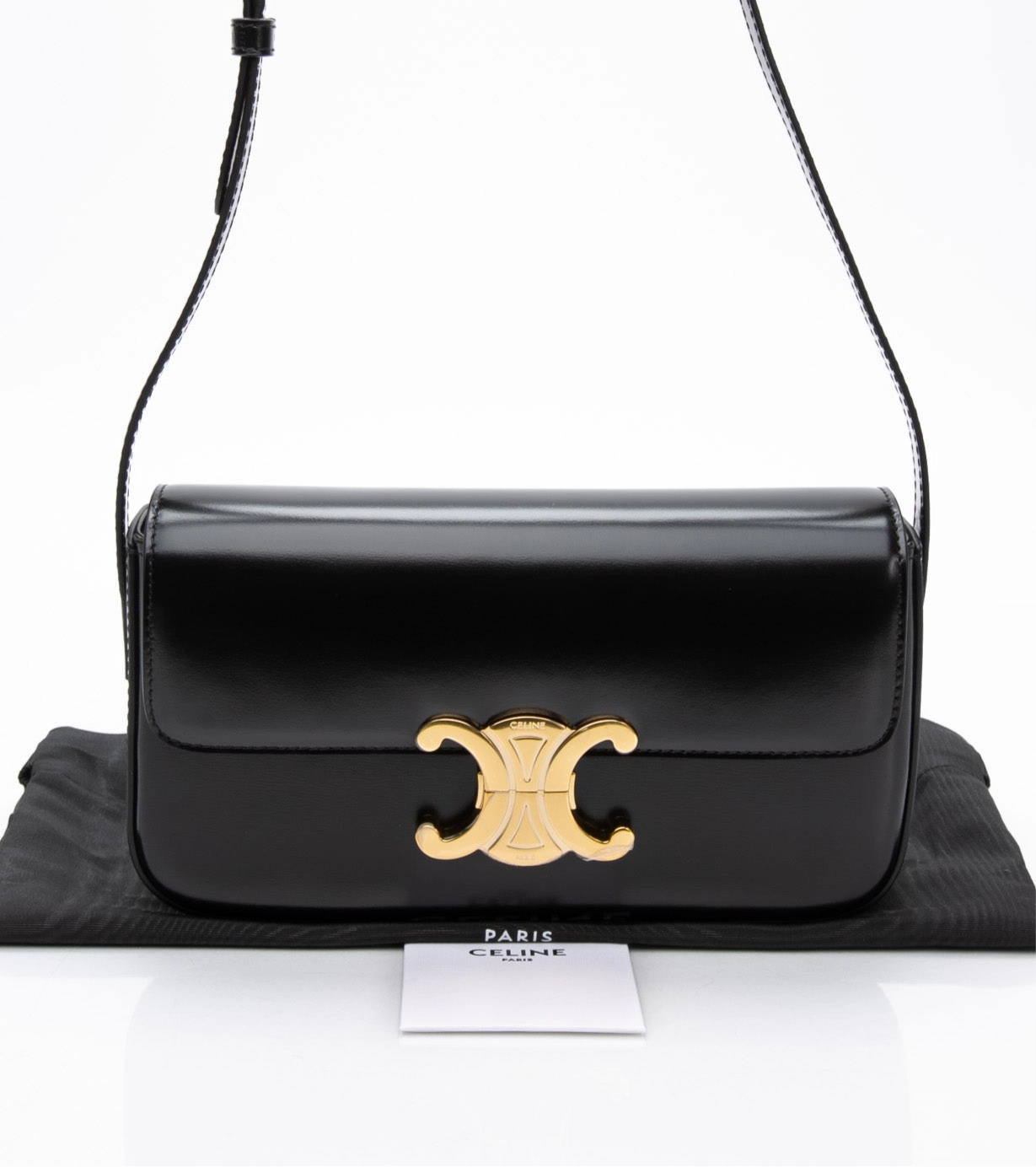 CELINE Black Shiny Calfskin Claude Triomphe Shoulder Bag (New)