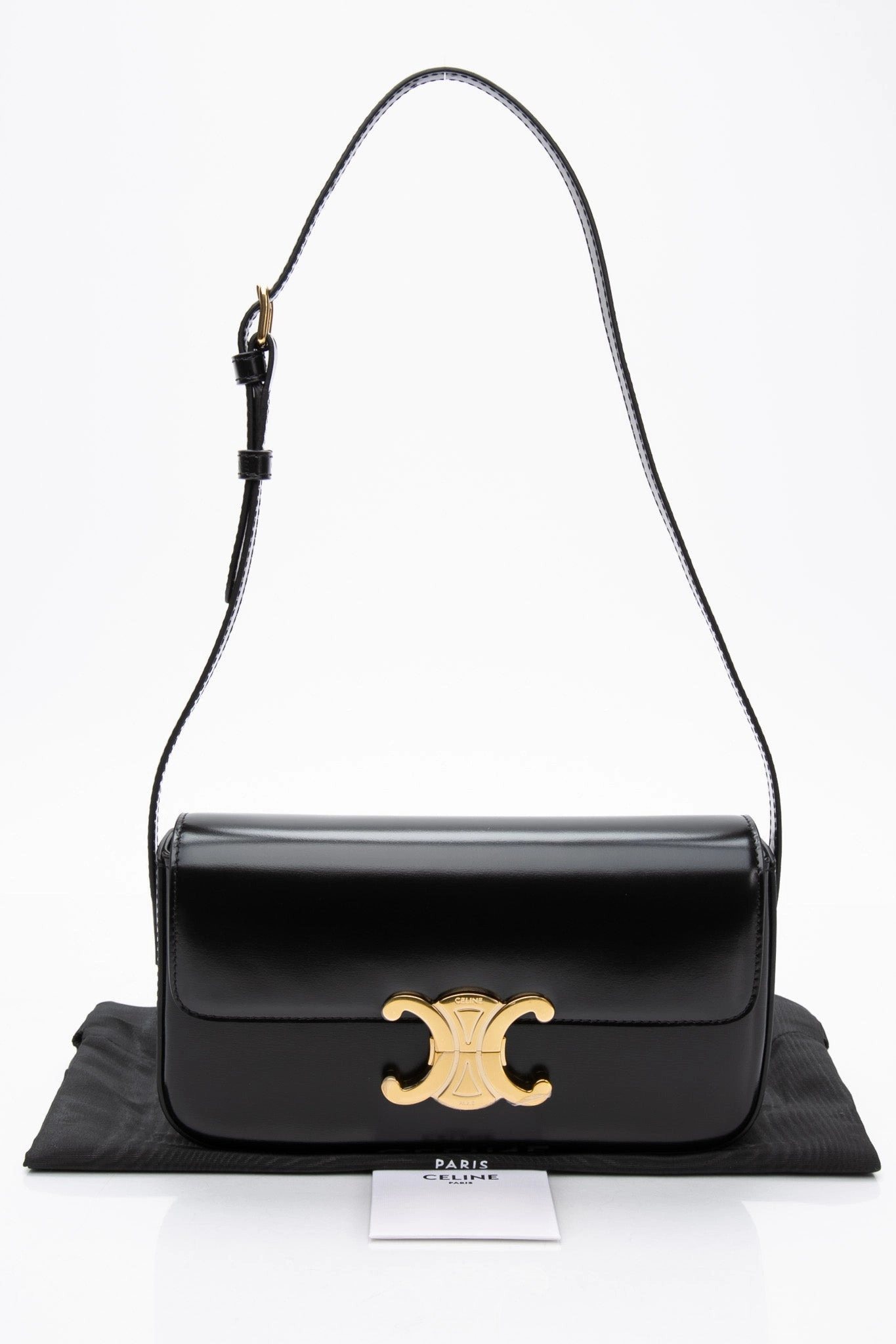 CELINE Black Shiny Calfskin Claude Triomphe Shoulder Bag (New)