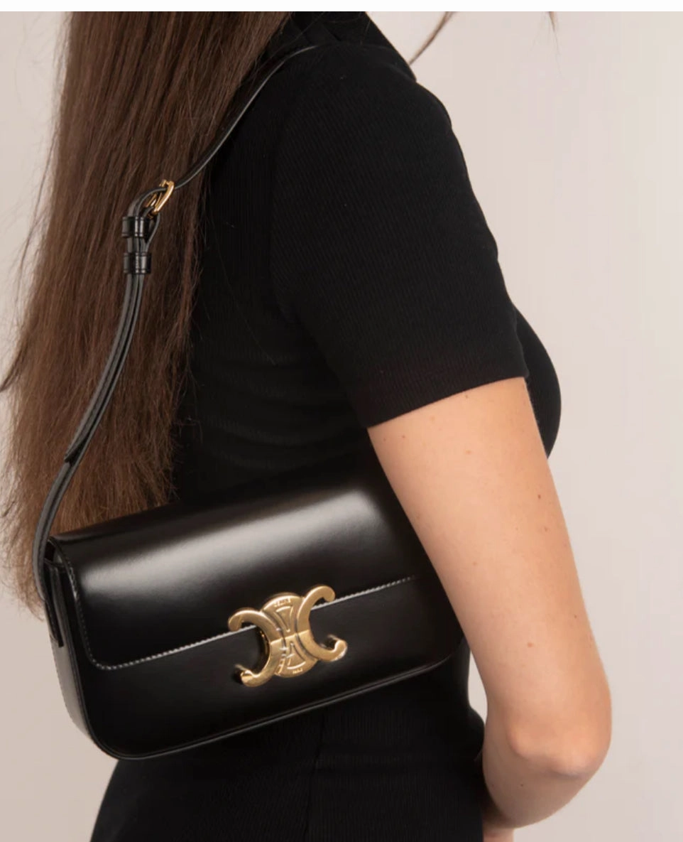 CELINE Black Shiny Calfskin Claude Triomphe Shoulder Bag (New)