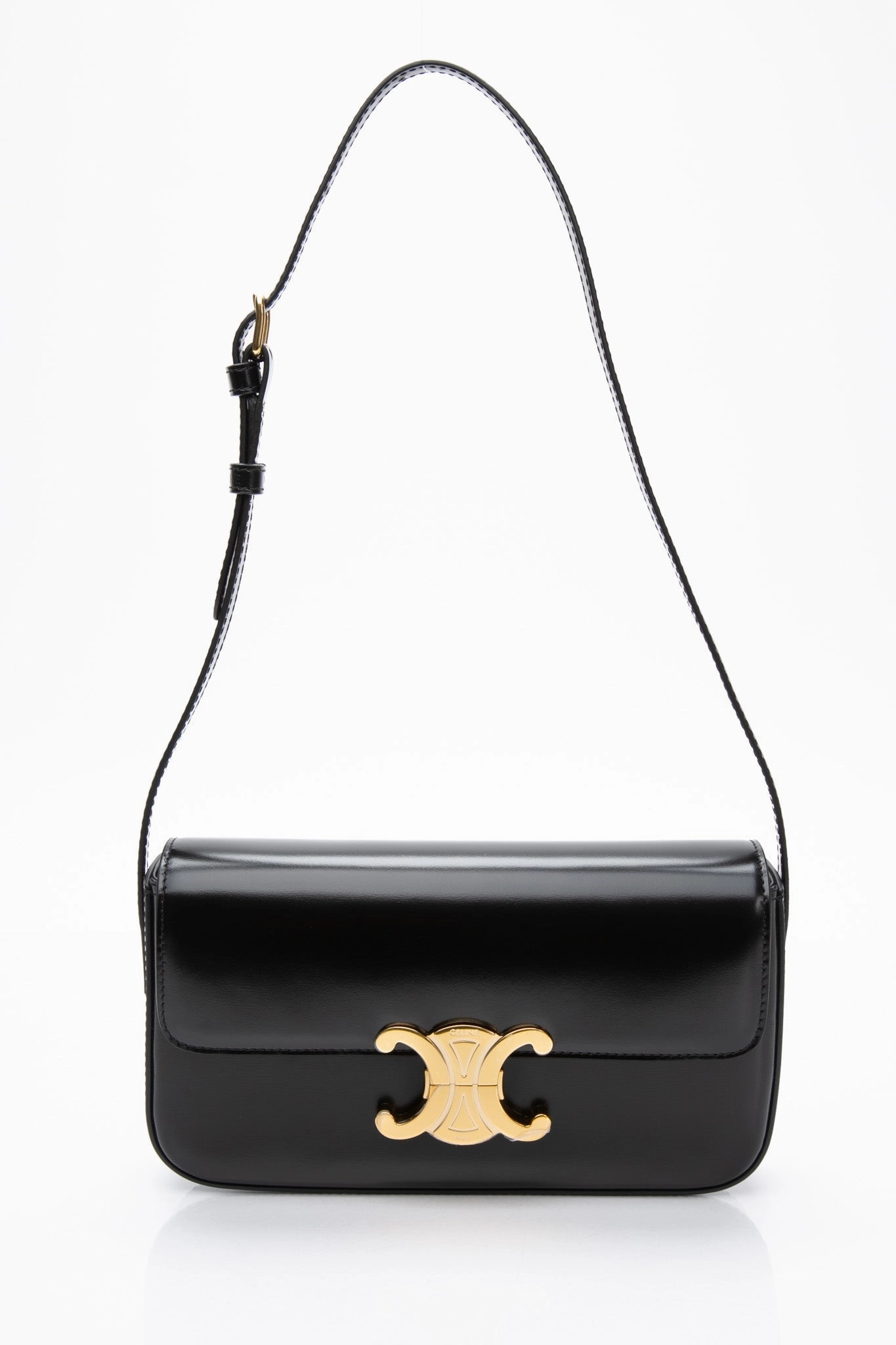 CELINE Black Shiny Calfskin Claude Triomphe Shoulder Bag (New)