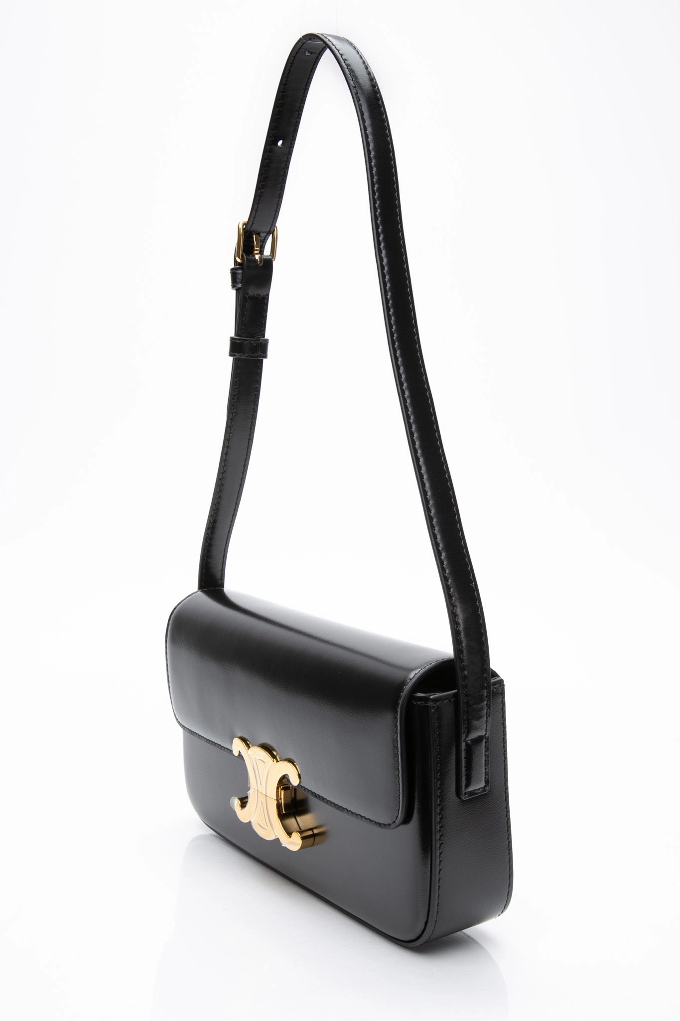 CELINE Black Shiny Calfskin Claude Triomphe Shoulder Bag (New)