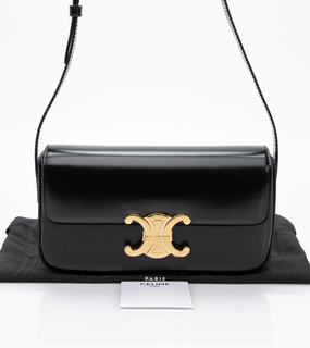 CELINE Black Shiny Calfskin Claude Triomphe Shoulder Bag (New)