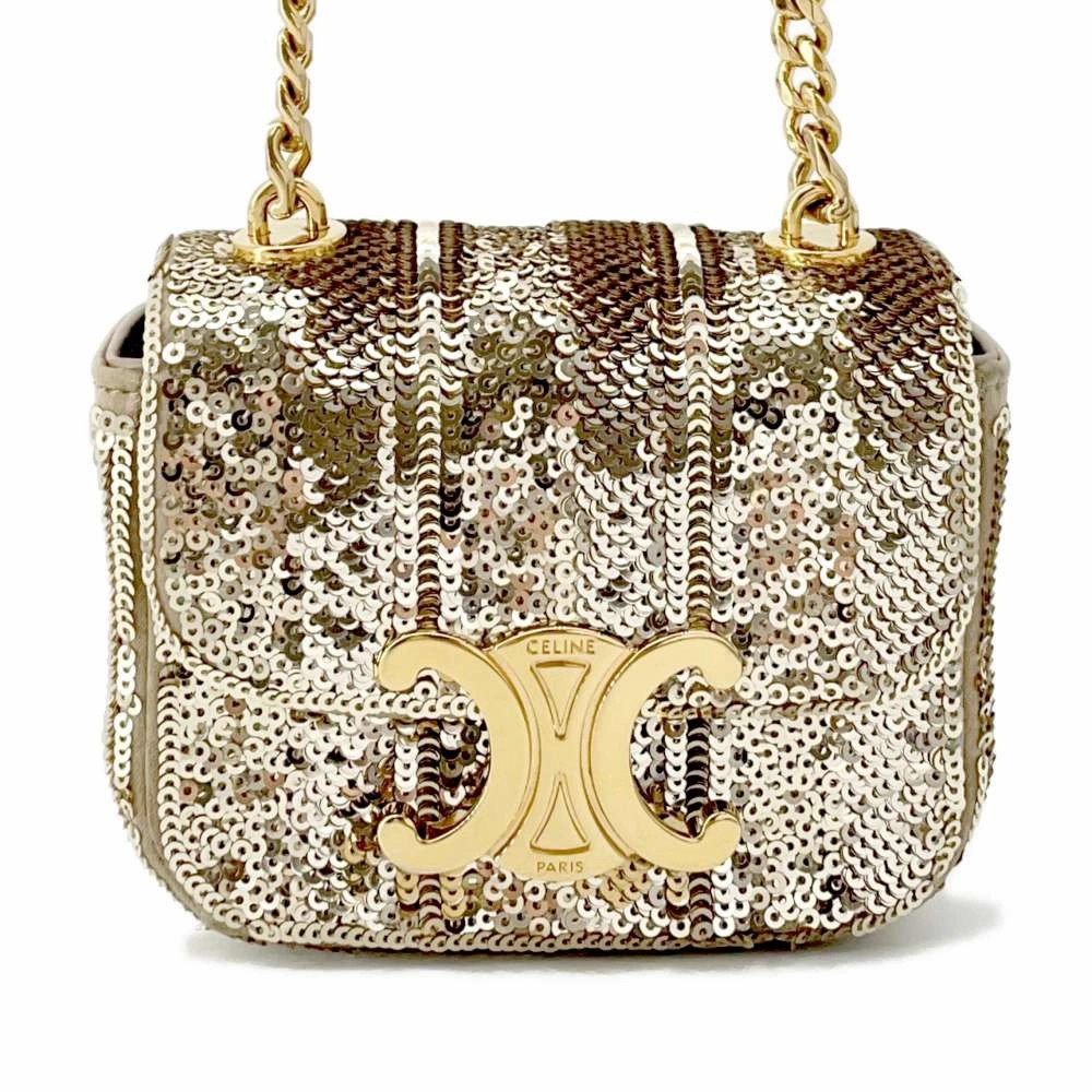 CELINE Triomphe ChainShoulder Gold Sequins Leather Size Mini