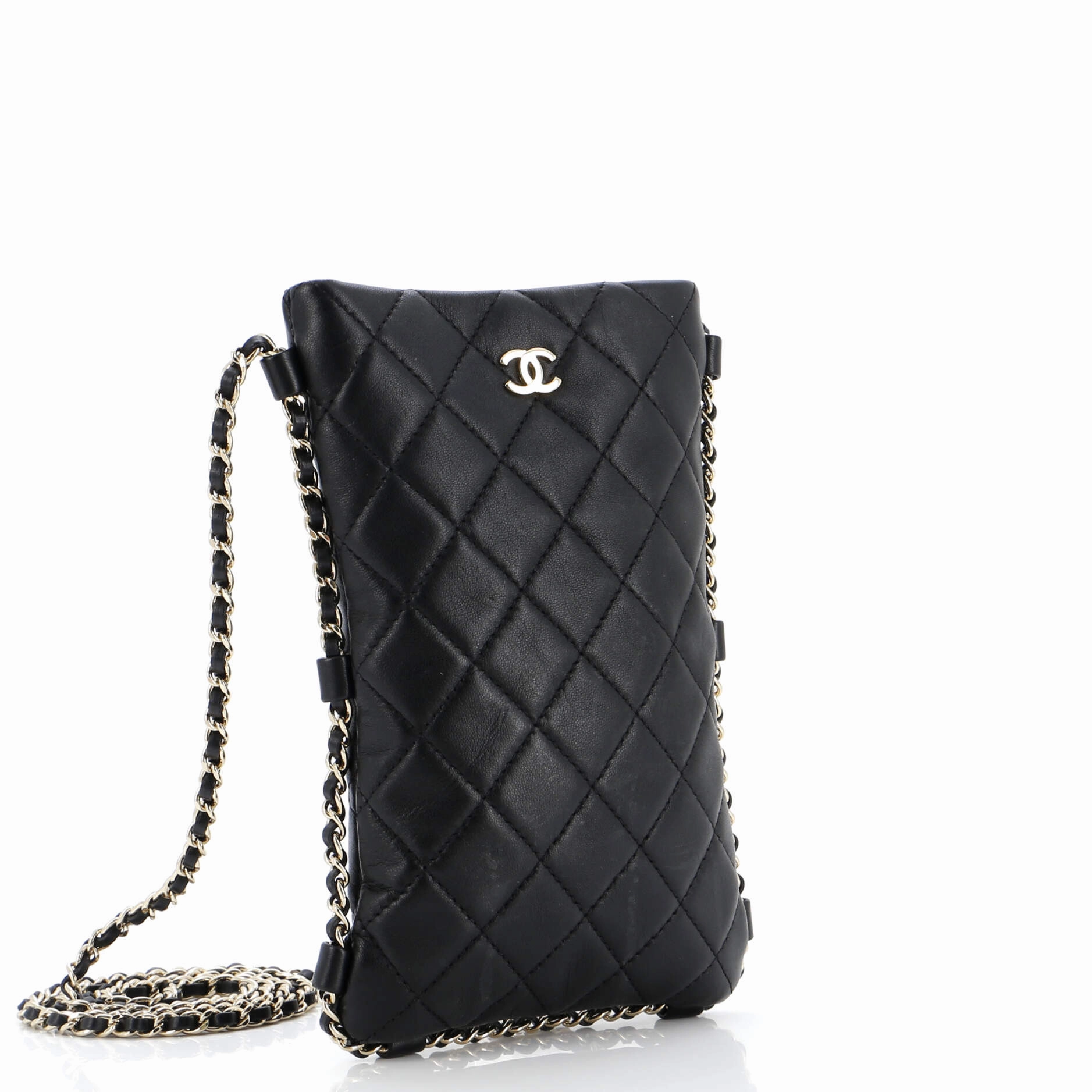 Chain Around Flat Phone Holder Crossbody Quilted Lambskin