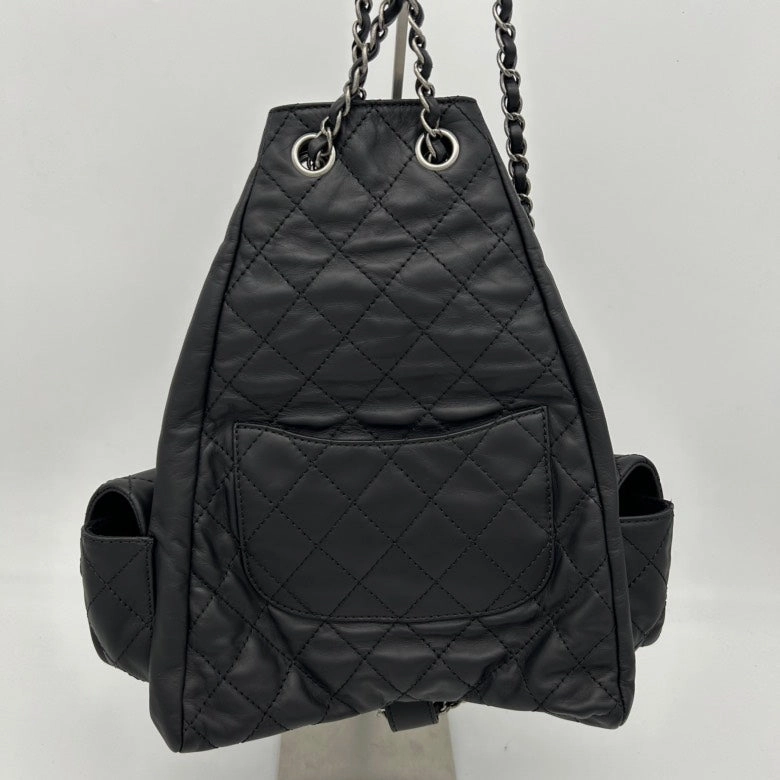 Chanel 2ways Black Leather Backpack Bag With Chain Straps