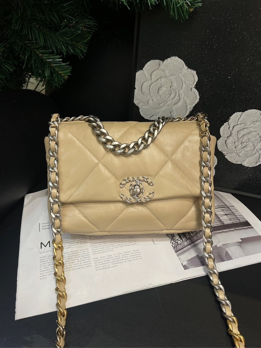 Chanel Beige 19 Bag Quilted Leather Crossbody Medium