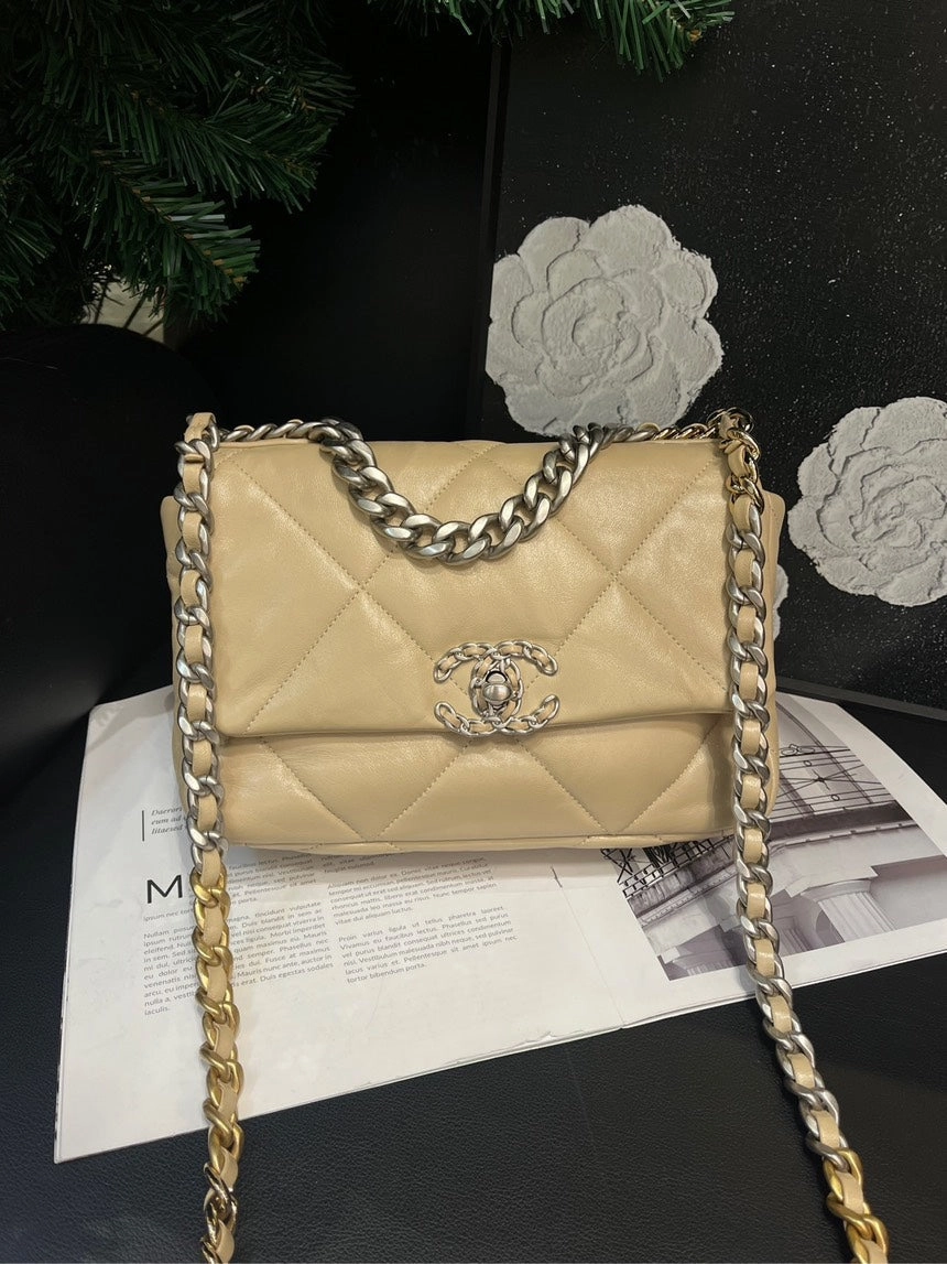 Chanel Beige 19 Bag Quilted Leather Crossbody Medium