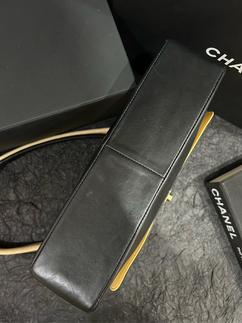 Chanel Beige and Black Quilted Leather Single Flap Shoulder Bag 25cm