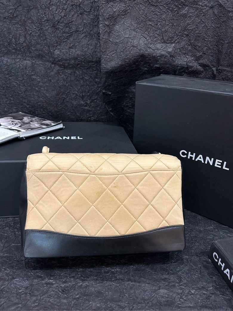 Chanel Beige and Black Quilted Leather Single Flap Shoulder Bag 25cm