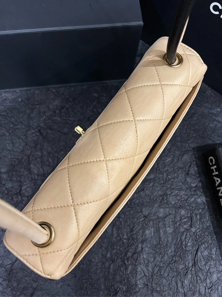 Chanel Beige and Black Quilted Leather Single Flap Shoulder Bag 25cm