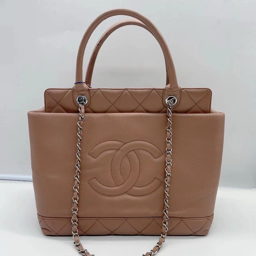 Chanel Beige Leather Quilted Tote Bag Medium Size Chain Shoulder Strap