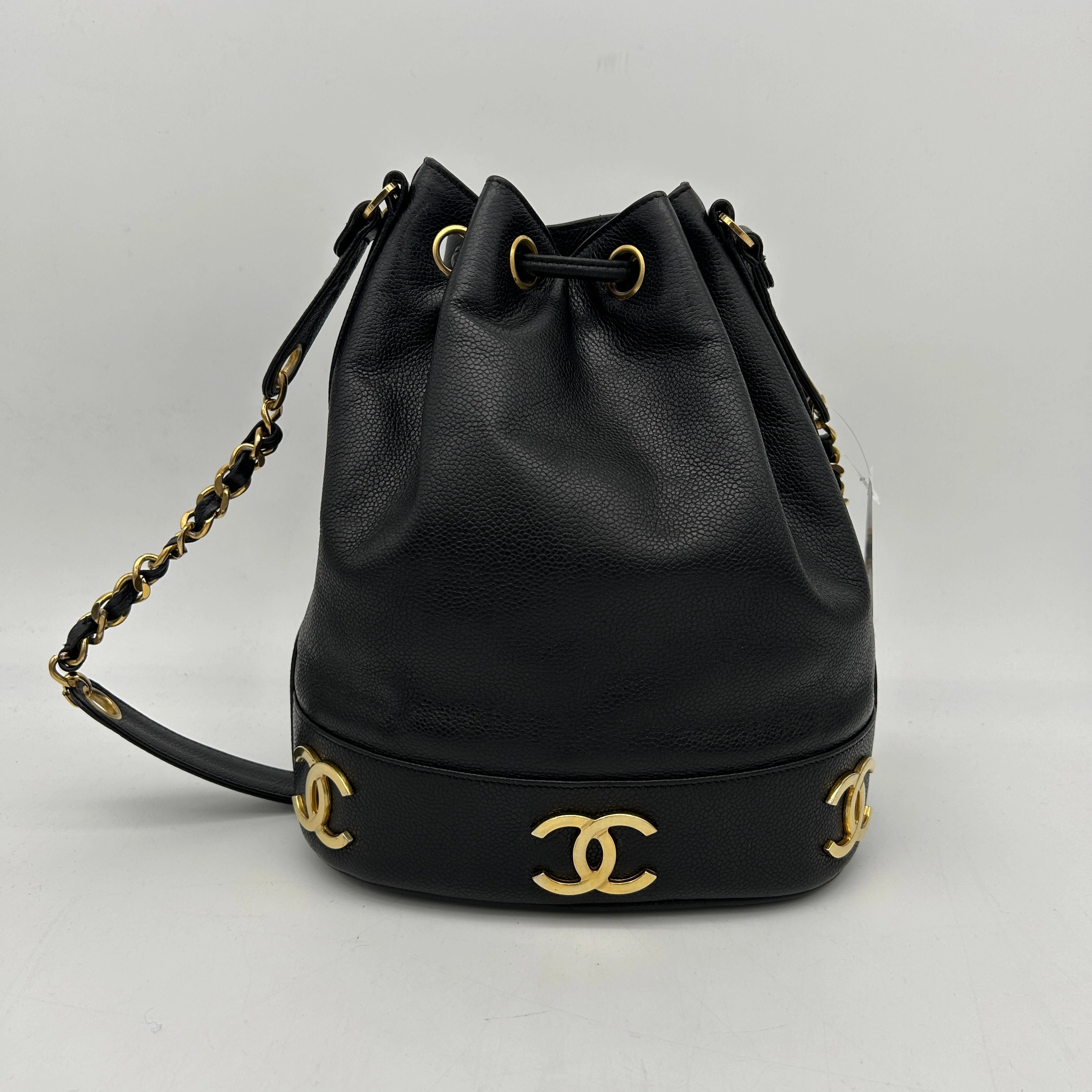 Chanel Black Caviar Triple CC Bucket Shoulder Bag Medium