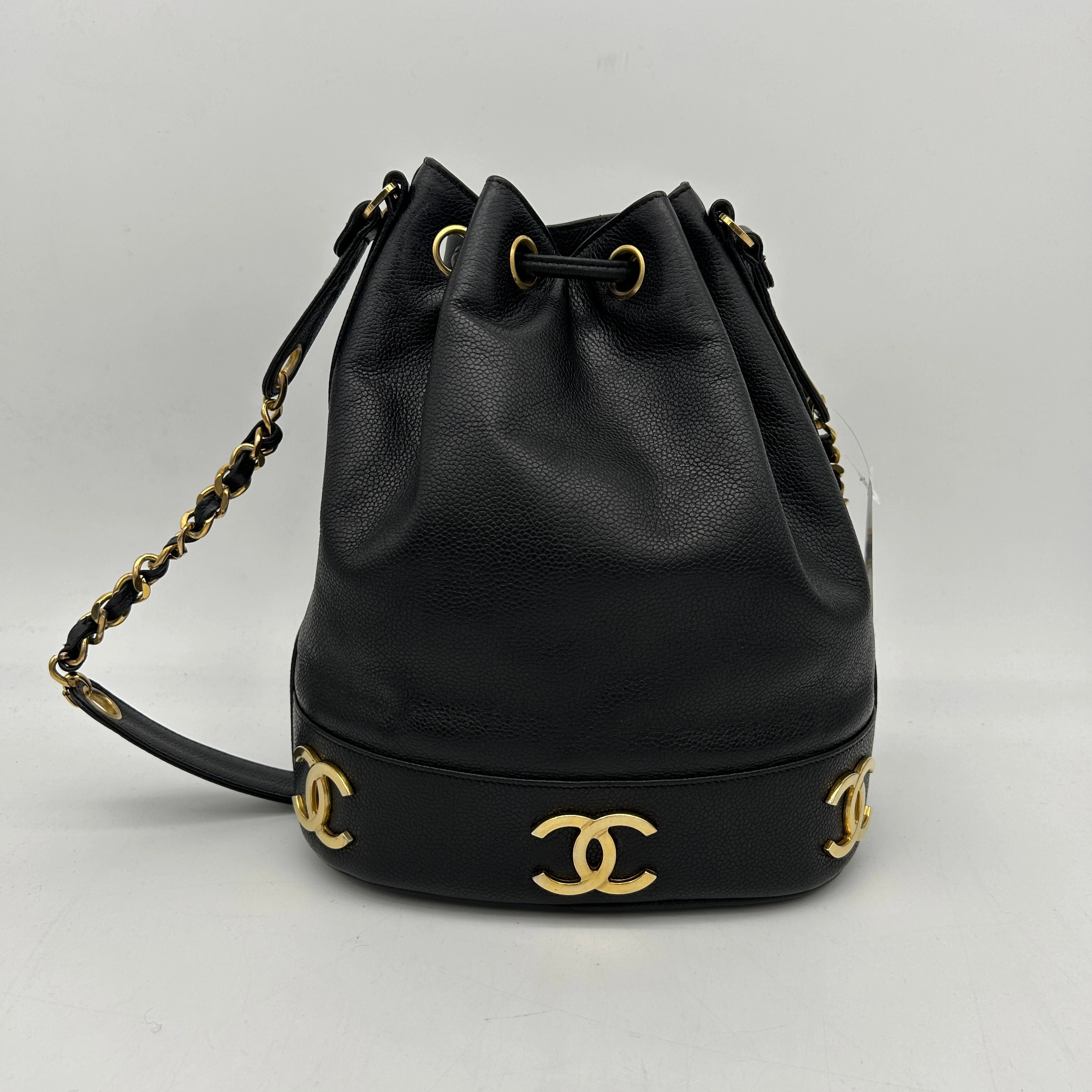 Chanel Black Caviar Triple CC Bucket Shoulder Bag Medium