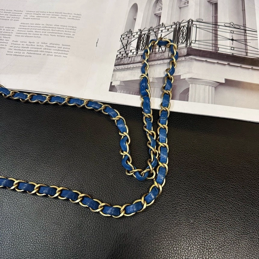 Chanel Blue Gold V-Pattern Small Classic Flap Crossbody Bag